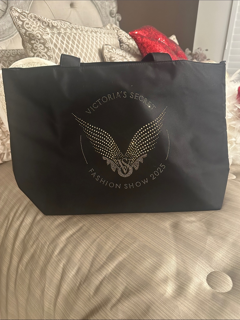 Victoria's Secret Black Tote with Gold Studded Wing Emblem